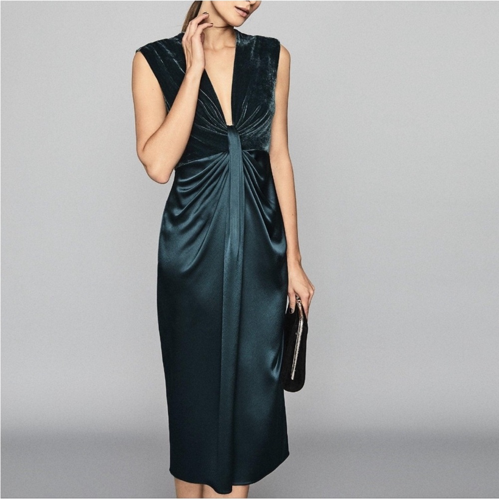 NWT Reiss Livvy Teal Green Velvet and Satin Deep Plunge Cocktail Dress 6 - Picture 4 of 12